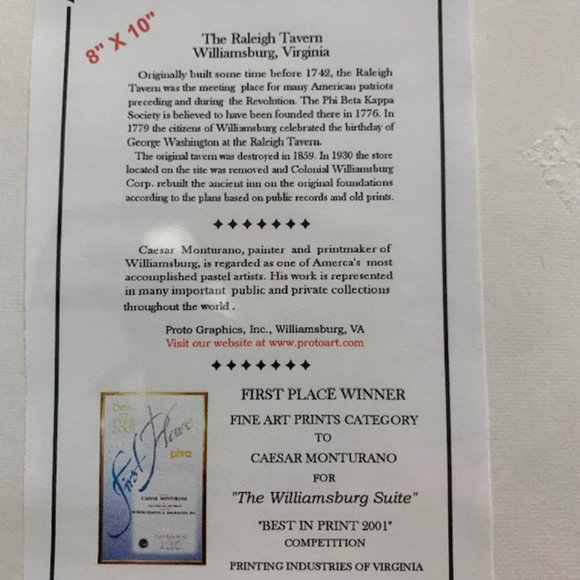 Caesar Monturano The Raleigh Tavern Williamsburg Virginia 8 X 10 Matted Print - Picture 4 of 4